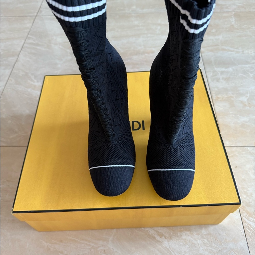 FENDI Rockoko Knit Sock Boots Black and White size 38